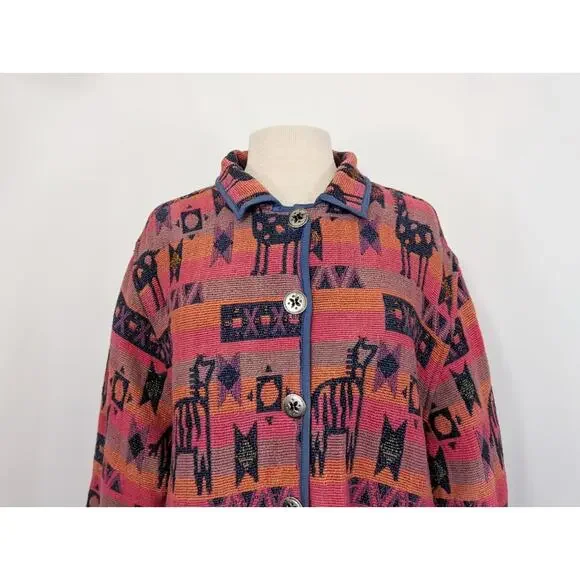 Vintage 90s Tapestry Jacket Pink Animal Stripe Statement Misses Size L - Picture 2 of 7